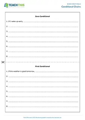 ESL mixed conditionals activity for intermediate B1: writing chain sentences, prompts, group writing