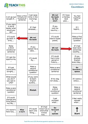ESL mixed conditionals board game for upper-intermediate B2: sentence completion, forming questions, group game