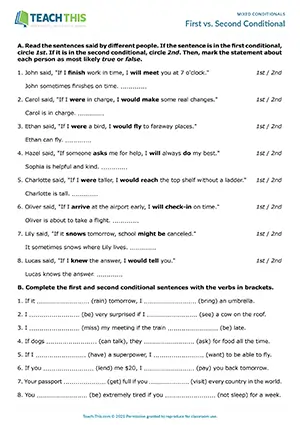 ESL first vs. second conditional worksheet for intermediate B1: binary choice, gap-fill, rewriting, sentence completion