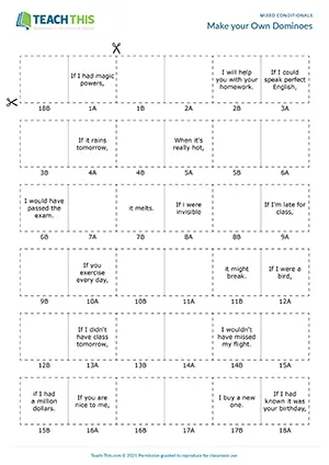 ESL mixed conditionals dominoes game for intermediate B1: sentence completion, matching, group play