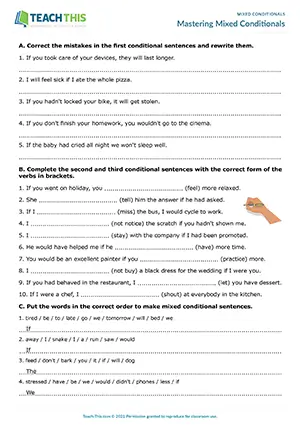ESL mixed conditionals worksheet for intermediate B1: error correction, gap-fill, matching, identifying, sentence completion