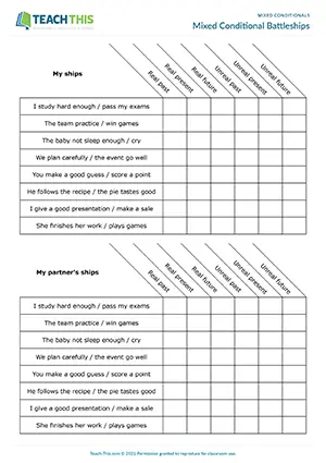 ESL mixed conditional battleships for upper-intermediate B2: forming real/unreal conditional sentences, pair work