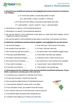 ESL second vs. third conditional worksheet for upper-intermediate B2: error correction, gap-fill, questions