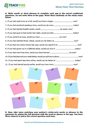 ESL  mixed conditionals game for upper-intermediate B2, writing short answers, asking and answering questions, guessing, discussion, freer practice, pair work