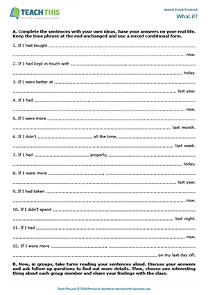 ESL  conditionals activity for upper-intermediate B2, sentence completion, discussion, communicative practice, group work
