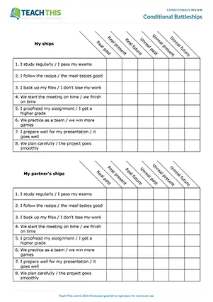 ESL  conditionals review game: battleships for upper-intermediate B2, forming real and unreal conditional sentences, pair work