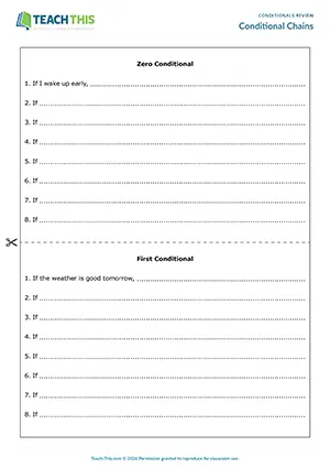 ESL conditionals review activity for upper-intermediate B2: writing chain sentences, prompts, group writing