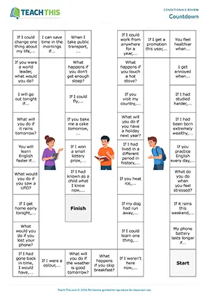 ESL mixed conditionals board game for upper-intermediate B2: sentence completion, forming questions, group game