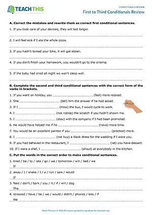 ESL conditionals review worksheet for upper-intermediate B2: error correction, gap-fill, matching, identifying, sentence completion