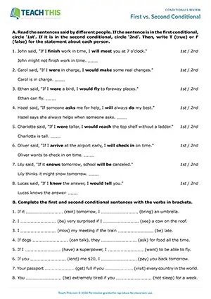 ESL first vs. second conditional worksheet for intermediate B1: binary choice, true or false, gap-fill, rewriting, sentence completion