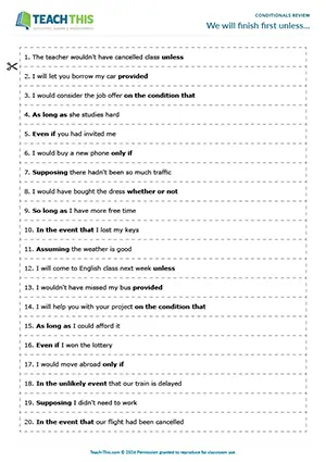 ESL conditionals review game for upper-intermediate B2: sentence completion, unless/as long as, group work