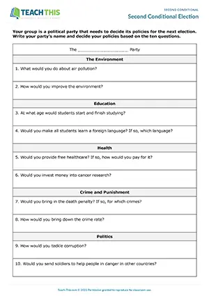 ESL second conditional election activity for upper-intermediate B2: writing, responding, group role-play
