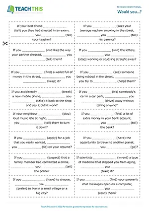 ESL second conditional activity for upper-intermediate B2: completing, asking and answering, moral dilemmas, discussion