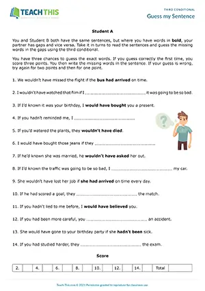 ESL third conditional guessing game for intermediate B1: gap-fill, sentence completion, pair work