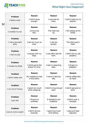 ESL third conditional game for upper-intermediate B2: matching, forming sentences, controlled practice