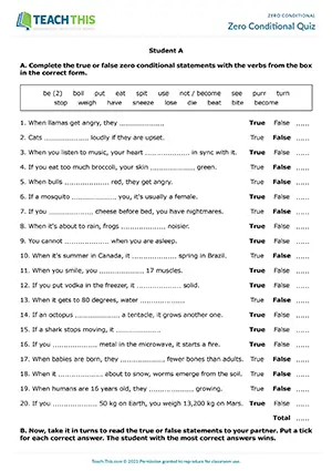 ESL zero conditional quiz for upper-intermediate B2: gap-fill, making statements, true or false, pair quiz