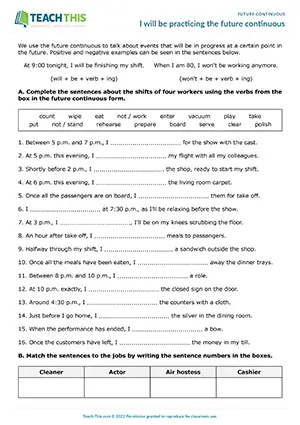 ESL future continuous worksheet for upper-intermediate B2: gap-fill, matching, writing, job guessing