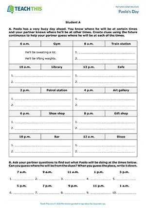 ESL future continuous information gap activity for intermediate B1: writing and reading clues, guessing