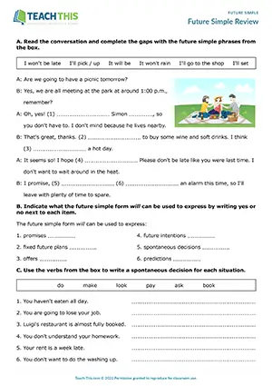 Future Simple worksheet, review, gap-fill, promises, offers, predictions, intermediate