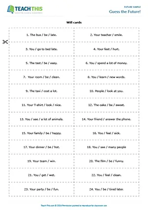 Future Simple group game, matching, forming sentences, A1-A2
