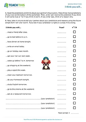Future Simple predictions game, pair work, controlled and freer practice, elementary