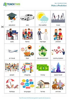 Future Simple card game, making predictions, matching, group work, intermediate