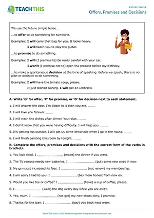 Future Simple worksheet, offers, promises, decisions, grammar, writing, pre-intermediate
