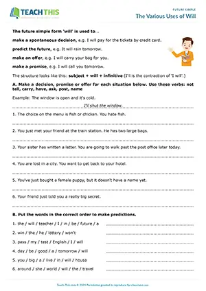 Future Simple worksheet, predictions, spontaneous decisions, offers, promises, pre-intermediate