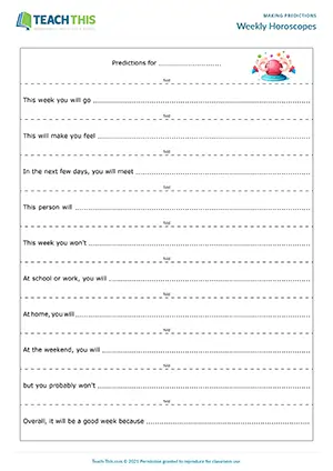 Future Simple activity, weekly horoscopes, group work, sentence completion, pre-intermediate
