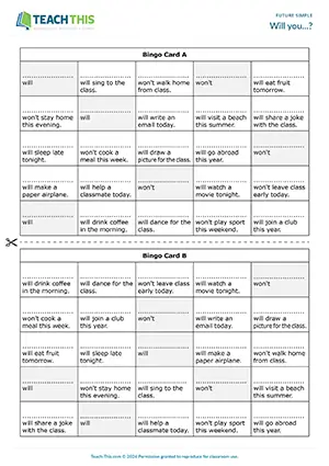Future Simple game, bingo, asking and answering questions, elementary