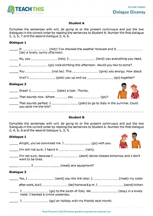 Future tenses activity, gap-fill, ordering, role-play, controlled practice, pair work, B1