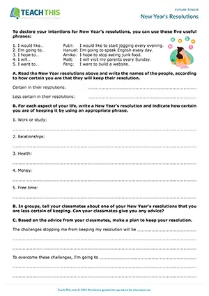 Future intentions worksheet, expressing intention and certainty, writing, discussion, B2