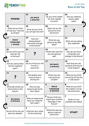 Future tenses board game, answering, forming questions, group work, intermediate