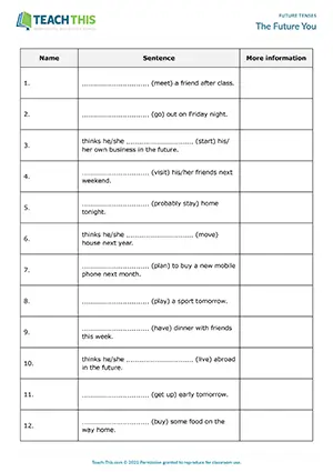 Future tenses speaking activity, finding classmates, gap-fill, present continuous, going to, will, A2