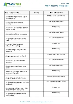 Future tenses speaking activity, forming, asking, answering questions, controlled and freer practice, A2