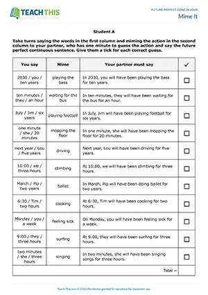 ESL future perfect continuous game preview showing miming activities, guessing exercises, and sentence formation practice for upper-intermediate B2 level pair work