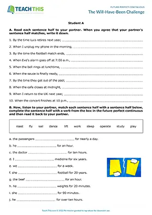 ESL future perfect continuous activity preview showing matching exercises, word form changes, gap-fill activities, and listening practice for upper-intermediate B2 level students