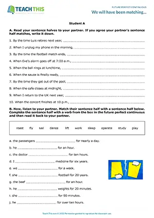 ESL future perfect continuous activity preview showing matching exercises, word form changes, gap-fill activities, and listening practice for upper-intermediate B2 level students