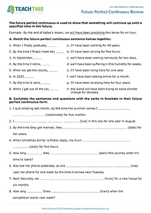 ESL future perfect continuous worksheet preview showing matching exercises, gap-fill activities, sentence completion practice, and conversation questions for upper-intermediate B2 level students