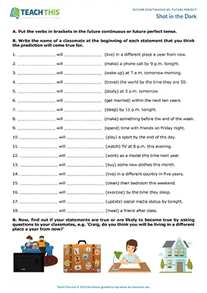 ESL future continuous and future perfect game for intermediate B1: sentence completion, guided discussion, group game