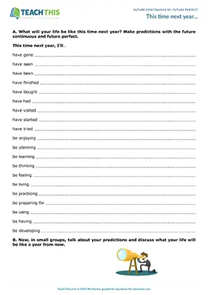 ESL future continuous and future perfect activity for intermediate B1: sentence completion, group discussion