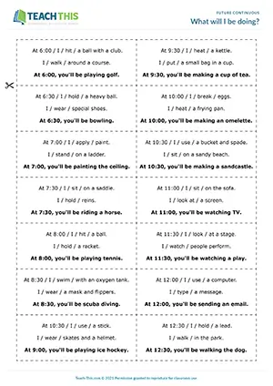 ESL future continuous game for intermediate B1: clues, guessing, forming sentences, group work