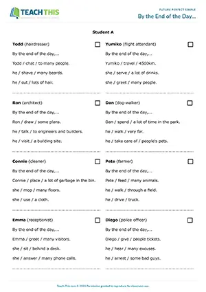 Future Perfect Simple game for B2 - clues, guessing jobs, asking questions, pair work