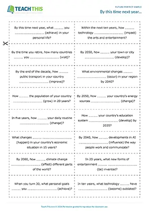 Future Perfect Simple communicative activity for B2 - questions, discussion, pair work