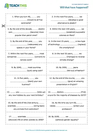 Future Perfect Simple activity for B2 - gap-fill, questions, group work