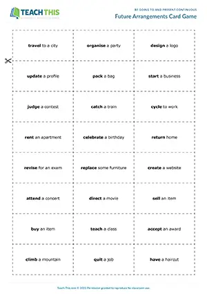 ESL Future Arrangements Card Game preview: students practice present continuous for future with impromptu sentences at Intermediate B1.