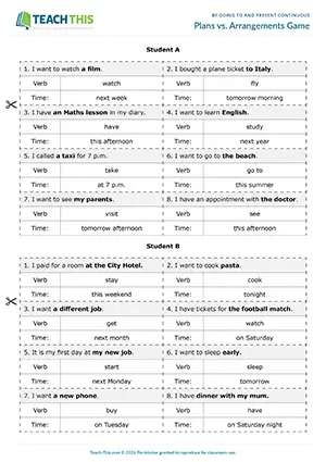 ESL be going to and present continuous game preview: students make sentences about future plans and arrangements at Elementary A1-A2.
