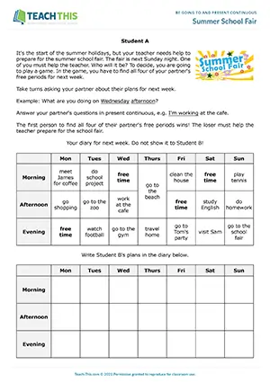 ESL Summer School Fair activity preview: present continuous for future plans and information gap diary game at Elementary A1-A2.