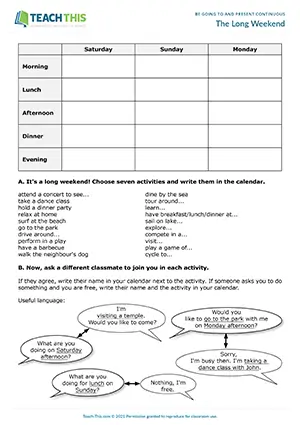 ESL Long Weekend speaking activity preview: students make and discuss future arrangements using present continuous at Intermediate B1.