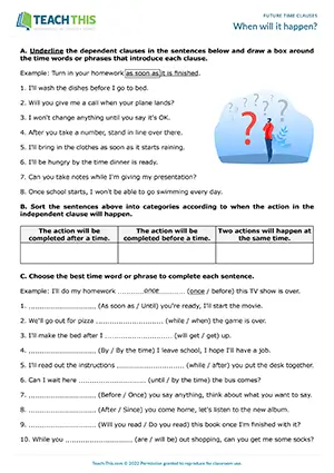 Future time clauses worksheet, identifying, categorizing, error correction, rewriting, B1